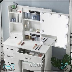 10 LED BUlbs Lighting Mirror Bedroom Dressing Table Makeup Desk & Stool 6-Drawer