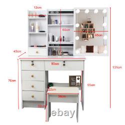 10 LED Bulbs Sliding Mirror Makeup Dressing Table Vanity Set WithStool & 6 Drawers