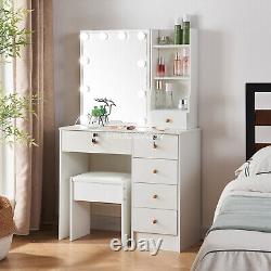 10 LED Lighted Mirror White Dressing Table 6Drawers Vanity Makeup Dresser +Stool