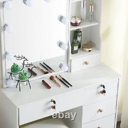 10 LED Lighted Mirror White Dressing Table 6Drawers Vanity Makeup Dresser +Stool