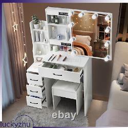 10 LED Mirror Dressing Table Vanity Set with Stool Storage Cabinet Drawer Shelf