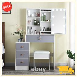 10 Led Mirror Sliding Mirror Dressing Table with 4 Drawers Makeup Desk Stool Set