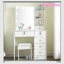 10LED Dressing Table MakeUp Desk Sliding Mirror Drawers Stool White Vanity Set