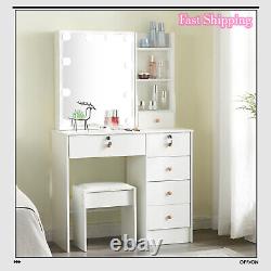 10LED Dressing Table MakeUp Desk Sliding Mirror Drawers Stool White Vanity Set