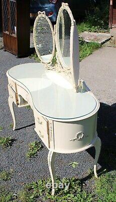 1960s White Dressing Table with Triple Mirror and Glass Top