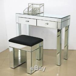 2 Drawer Dressing Table & Stool Set Mirrored Glass Vanity Dresser Bedroom