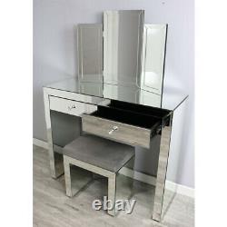 2 Drawer Mirrored Dressing Table Set Bedroom Vanity Make Up Desk Mirror with Stool