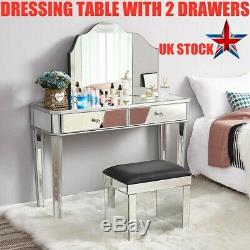 2 Drawers Mirror Dressing Table Vanity Dresser Console Bedroom Stool Set Makeup