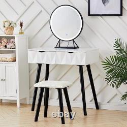 3 Piece LED Light Vanity Mirror 2 Drawer Dressing Table & Stool Set Writing Desk