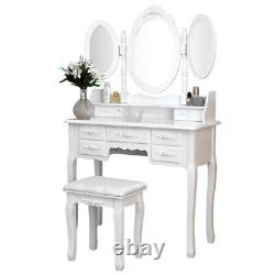 3Mirrors 7Drawers Folding Mirror Vanity Table Makeup Dressing Table Set With Stool