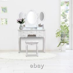 3Mirrors 7Drawers Folding Mirror Vanity Table Makeup Dressing Table Set With Stool
