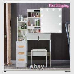 4 Drawers Vanity Makeup Table Dressing Desk and Stool Set and LED Lighted Mirror