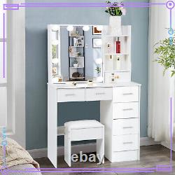 6-Drawer Makeup Dressing Table Vanity Set with LED Lighted Hollywood Mirror Stool