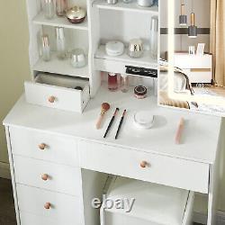 6-Drawers Vanity Set Dresser Makeup Table Desk with Stool and LED Sliding Mirror