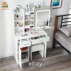 8 Shelves Dressing Table With Lighted Mirror And Stool Vanity Table Makeup Desk