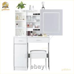 8 Shelves Dressing Table With Lighted Mirror And Stool Vanity Table Makeup Desk