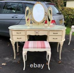 A Vintage Shabby Chic French Louis Dressing Table Glass Top With Mirror & Stool