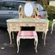 A Vintage Shabby Chic French Louis Dressing Table Glass Top With Mirror & Stool