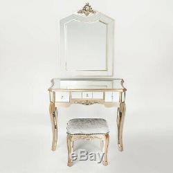 Antique Champagne Pale Gold Mirrored Glass Dressing Table Set Mirror Stool
