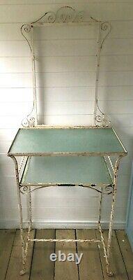 Antique French wrought iron dressing, hall table, glass shelves, mirror