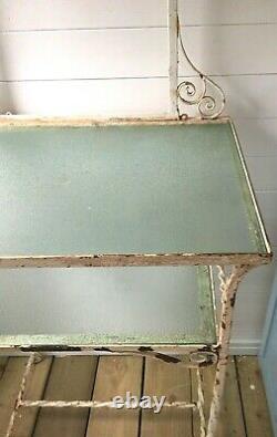 Antique French wrought iron dressing, hall table, glass shelves, mirror