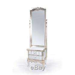 Antique Silver French Mirrored Glass Cheval Dressing Mirror With Drawers Armoire