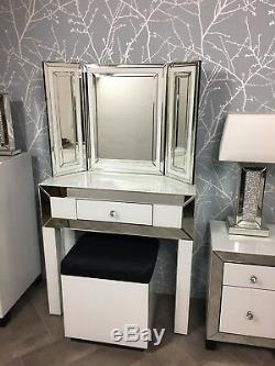 Arctic White Mirror Glass Trim 1 Drawer Bedroom Dressing Console Unit Table