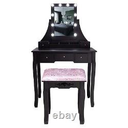 BLACK Dressing Table With Led Mirror (5 Drawer) Stool Bedroom Makeup Desk