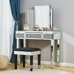Bedroom 1/2 Drawers Mirrored Glass Dressing Table Cushioned Stool Mirror Set UK
