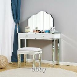 Bedroom 1/2 Drawers Mirrored Glass Dressing Table Cushioned Stool Mirror Set UK