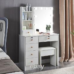 Bedroom Makeup Table Set with 10 LED Sliding Mirror Dressing Table with Stool