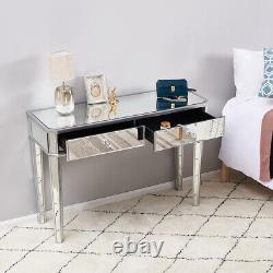 Bedroom Mirrored Glass Dressing Table Cushioned Stool Make-Up Mirror Vanity Set