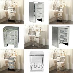 Bedside Cabinet Table Bedroom Crystal Mirrored Glass 3/2 Drawers Dressing Tables