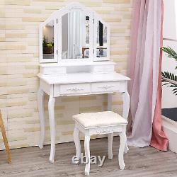 Bedside Dressing Table Makeup Desk Chair Set with Tri-Fold Mirror 4 Drawer Bedroom