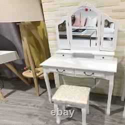 Bedside Dressing Table Makeup Desk Chair Set with Tri-Fold Mirror 4 Drawer Bedroom