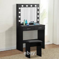 Black Dressing Table LED Makeup Desk 2 Drawers Black with Lights Mirror Stool