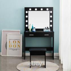 Black Dressing Table LED Makeup Desk 2 Drawers Black with Lights Mirror Stool