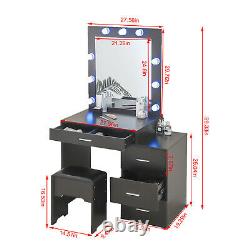 Black Dressing Table and Stool Makeup Vanity Desk with 4 Drawers LED Light Mirror