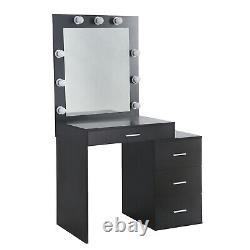 Black Dressing Table and Stool Makeup Vanity Desk with 4 Drawers LED Light Mirror