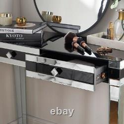 Black Mirrored Dressing Table Drawers High Gloss Glass Mirror Make Up Desk New