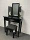 Black Mirrored Glass Bedroom Dressing Table Stool And Tri-fold Vanity Mirror Set