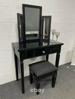 Black Mirrored Glass Bedroom Dressing Table Stool and Tri-Fold Vanity Mirror Set