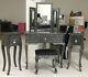 Blackened Silver Metal Embossed Dressing Table + Mirror + Stool + X2 Bedside Set