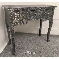 Blackened Silver Metal Embossed Dressing Table + Mirror + Stool + x2 Bedside Set