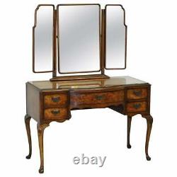 Circa 1930's Burr & Burl Walnut Dressing Table With Trifold Mirrors & Glass Top