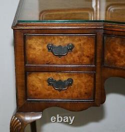 Circa 1930's Burr & Burl Walnut Dressing Table With Trifold Mirrors & Glass Top