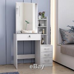 Corner Dressing Table Makeup Jewelry Table withSliding Mirror with 4 Drawers White