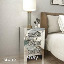 Crystal Mirrored Bedside Table Cabinet Glass 3 Drawers Cupboard Nightstand