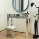 Diamond Crush Crystal Dressing Table And White Leather Stool Mirrored Makeup Set