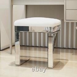 Diamond Crush Crystal Dressing Table and White Leather Stool Mirrored Makeup Set